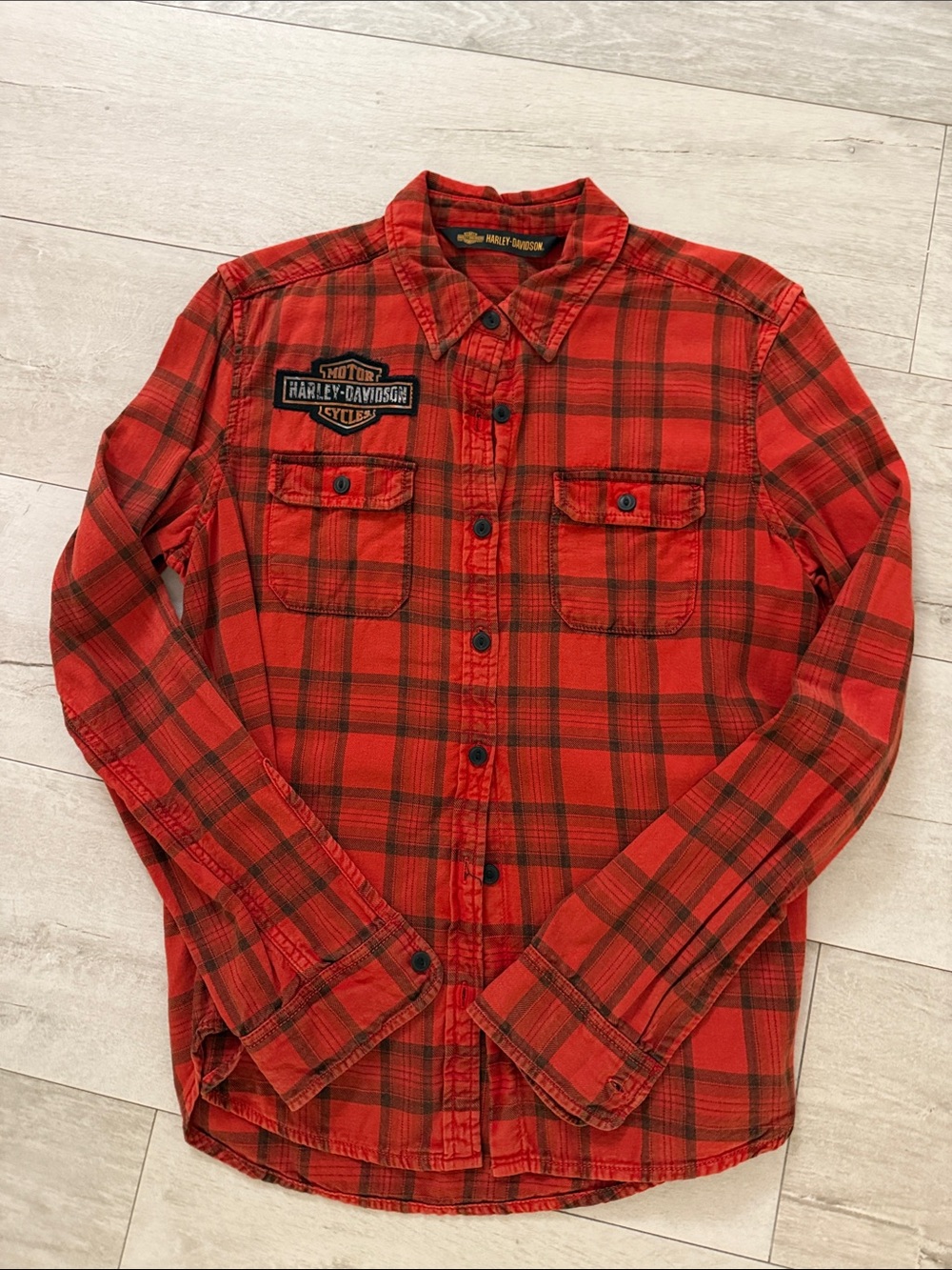 Harley-Davidson Orange and Black Plaid Button-Down Shirt